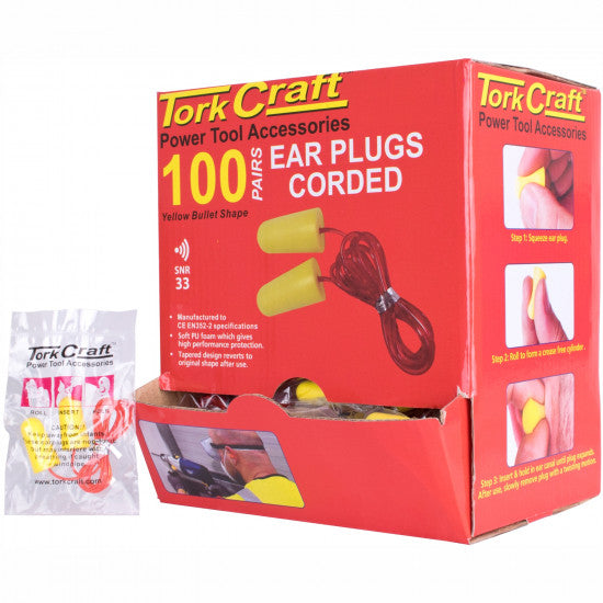 TORK CRAFT Ear Plug Corded 1pr Poly Bag 100 Pr Per Box Bullet Shape Yellow